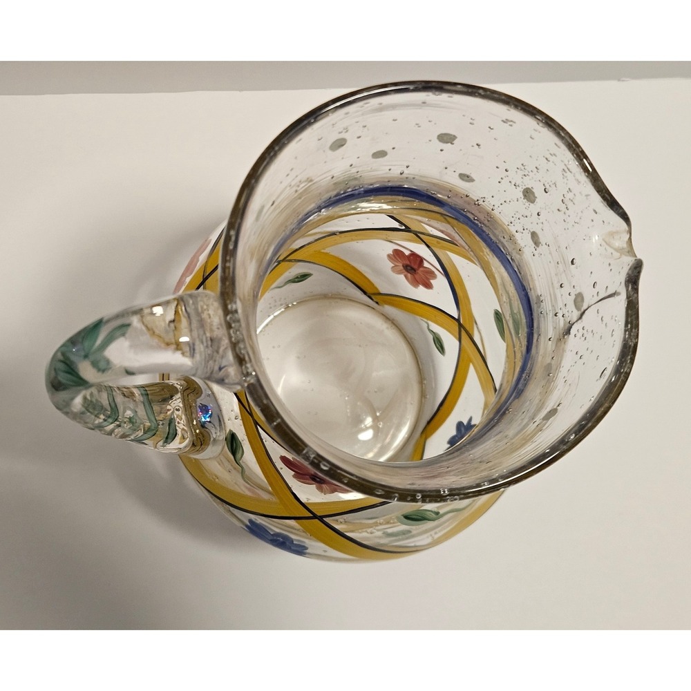 Glass Pitcher Yellow Floral Lattice Design 11" Vintage Hand Blown Painted - Picture 5 of 9